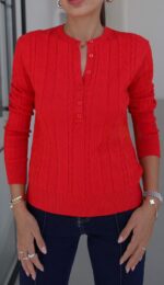 Red Cable Knit Button Up Top - Image 2