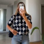 Navy Argyle Knit Polo Top