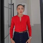 Red Cable Knit Button Up Top