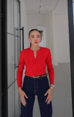 Red Cable Knit Button Up Top
