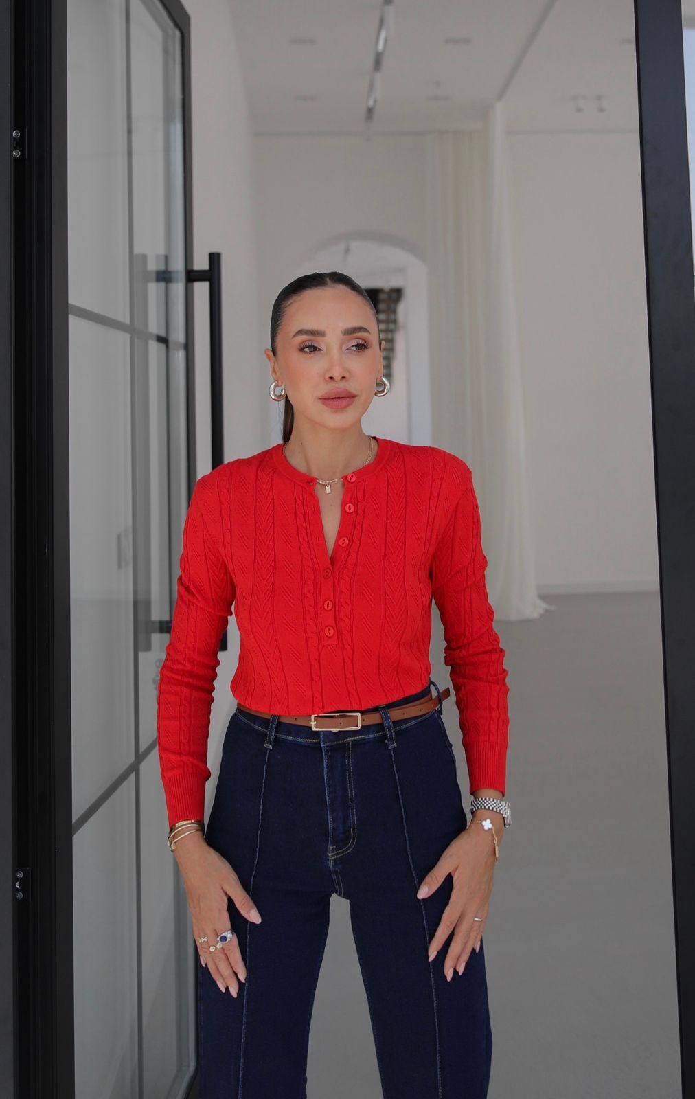 2c3c3c40-abba-4e69-83bf-a03f49741ea1 Red Cable Knit Button Up Top - Image 1