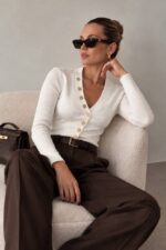 White Ribbed Cardigan With Gold Buttons - Image 2
