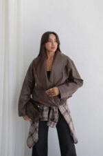 Brown Faux Leather Oversized Jacket - Image 2