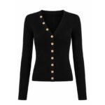 Black Ribbed Cardigan With Gold Buttons
