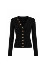 Black Ribbed Cardigan With Gold Buttons