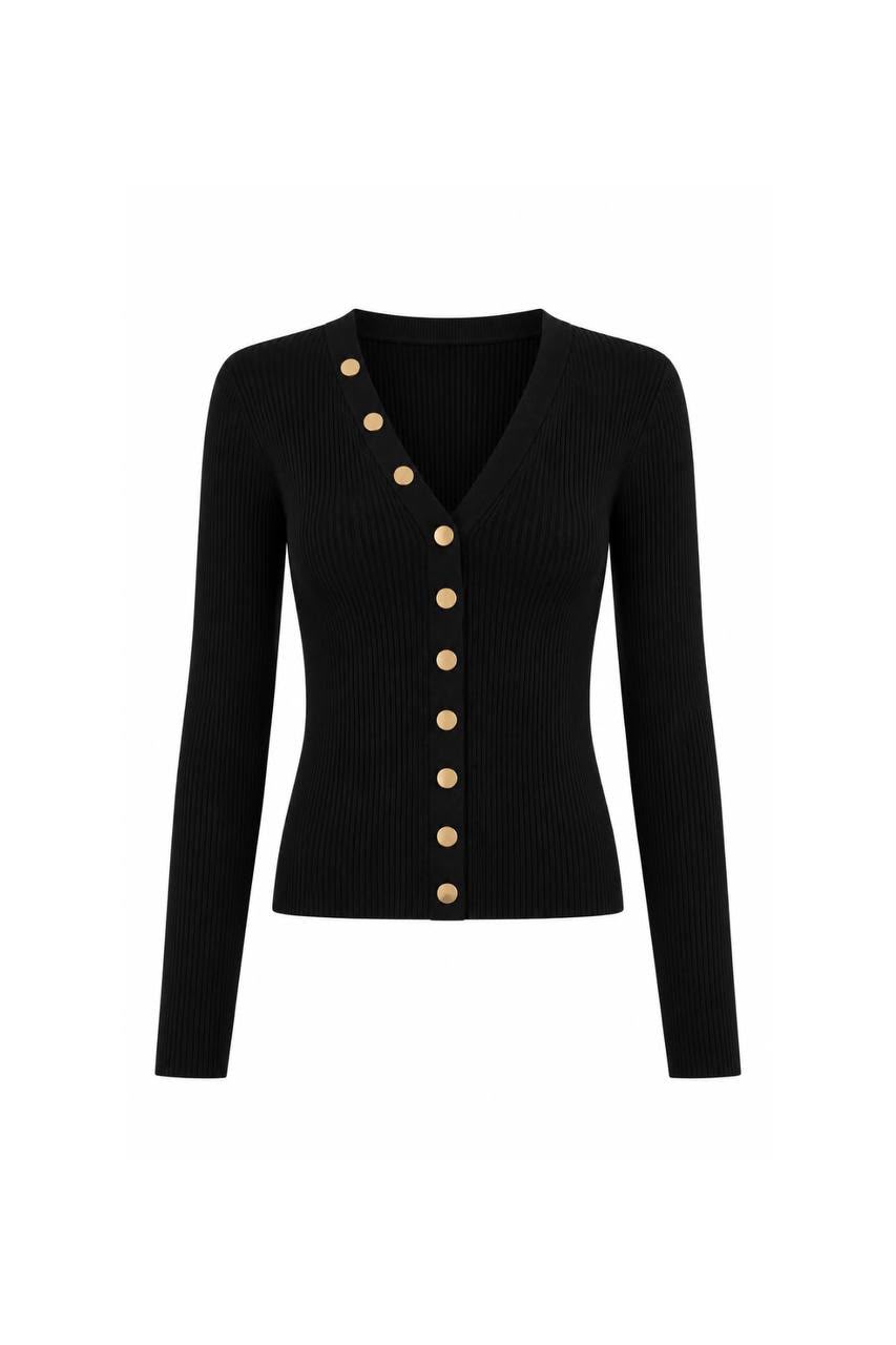 38cadacb-e2f3-4277-ae8a-a6beabf47da0 Black Ribbed Cardigan With Gold Buttons - Image 1