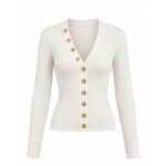White Ribbed Cardigan With Gold Buttons