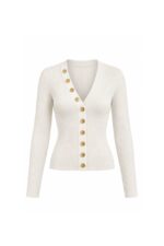 White Ribbed Cardigan With Gold Buttons