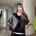 Women's Argyle Knit V-Neck Sweater