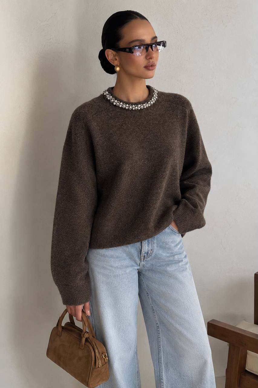 59a4c72d-e224-417d-9869-b2a0fafe3fe3 Brown Wool Sweater With Crystal Collar - Image 1