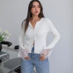 White Cardigan With Lace Cuff Sleeves