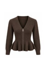 Brown Peplum Zip Front Top
