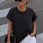 Black Knit Short Sleeve Sweater Top