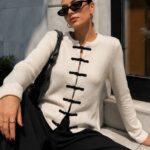 White Knit Cardigan With Black Frog Closures