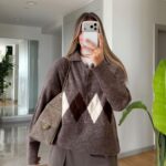 Brown Argyle Knit Polo Sweater