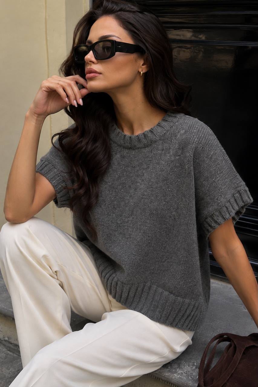 9eb5dfdd-2281-4970-a809-da64da2b4cf4 Grey Short Sleeve Knit Sweater - Image 1