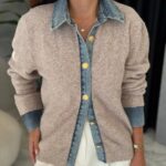 Beige Knit Cardigan With Denim Trim