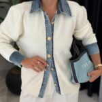 White Knit Cardigan With Denim Trim