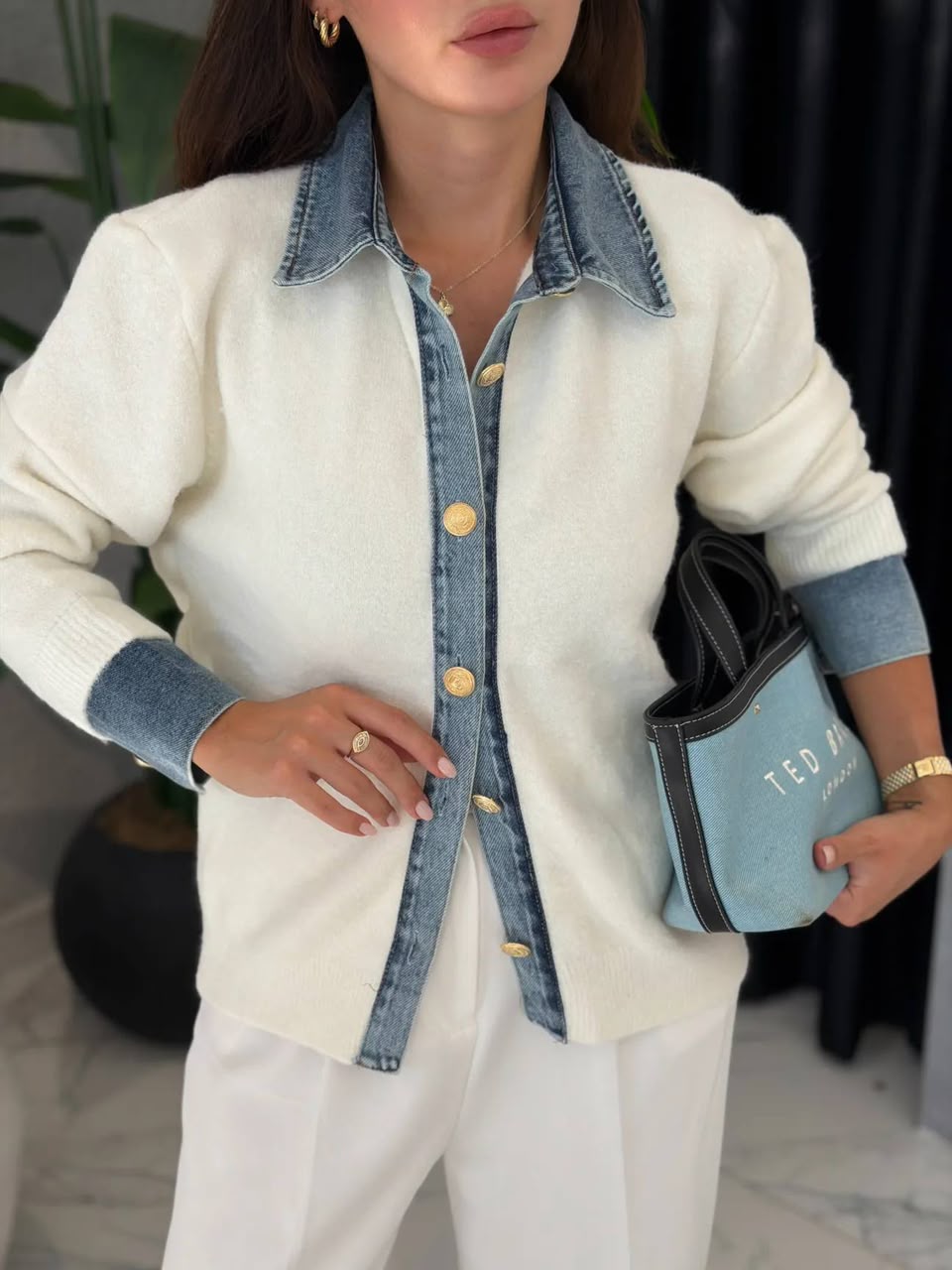 WhatsApp Image 2026-09-08 at 10.13.13 AM White Knit Cardigan With Denim Trim - Image 1