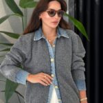 Grey Knit Cardigan With Denim Trim