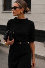Black Midi Belted Short Sleeve Dress - Image 2