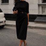 Black Midi Belted Short Sleeve Dress