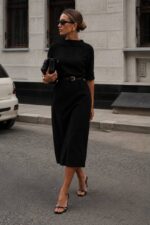 Black Midi Belted Short Sleeve Dress