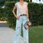 Light Blue Floral Embroidered Wide Leg Jeans