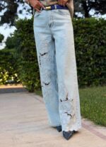 Light Blue Floral Embroidered Wide Leg Jeans - Image 3