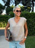 Beige Sleeveless Knit Top With Rhinestones - Image 2