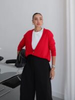 Red Button Up V-Neck Cardigan - Image 2