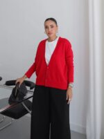 Red Button Up V-Neck Cardigan