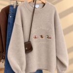 Beige Dachshunds Embroidered Knit Sweater