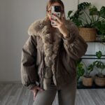 Brown Faux Fur Collar Bomber Jacket