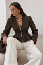 Brown Peplum Zip Front Top - Image 2