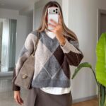 Brown Argyle Knit Sweater Pullover