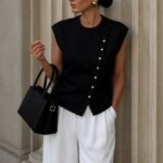 Sleeveless Black Asymmetric Button Blouse
