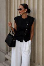 Sleeveless Black Asymmetric Button Blouse