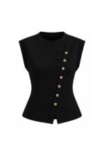 Sleeveless Black Asymmetric Button Blouse - Image 2