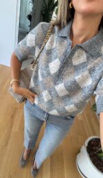 Gray Argyle Knit Polo Top - Image 2