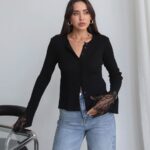 Black Button Up Cardigan With Lace Cuffs