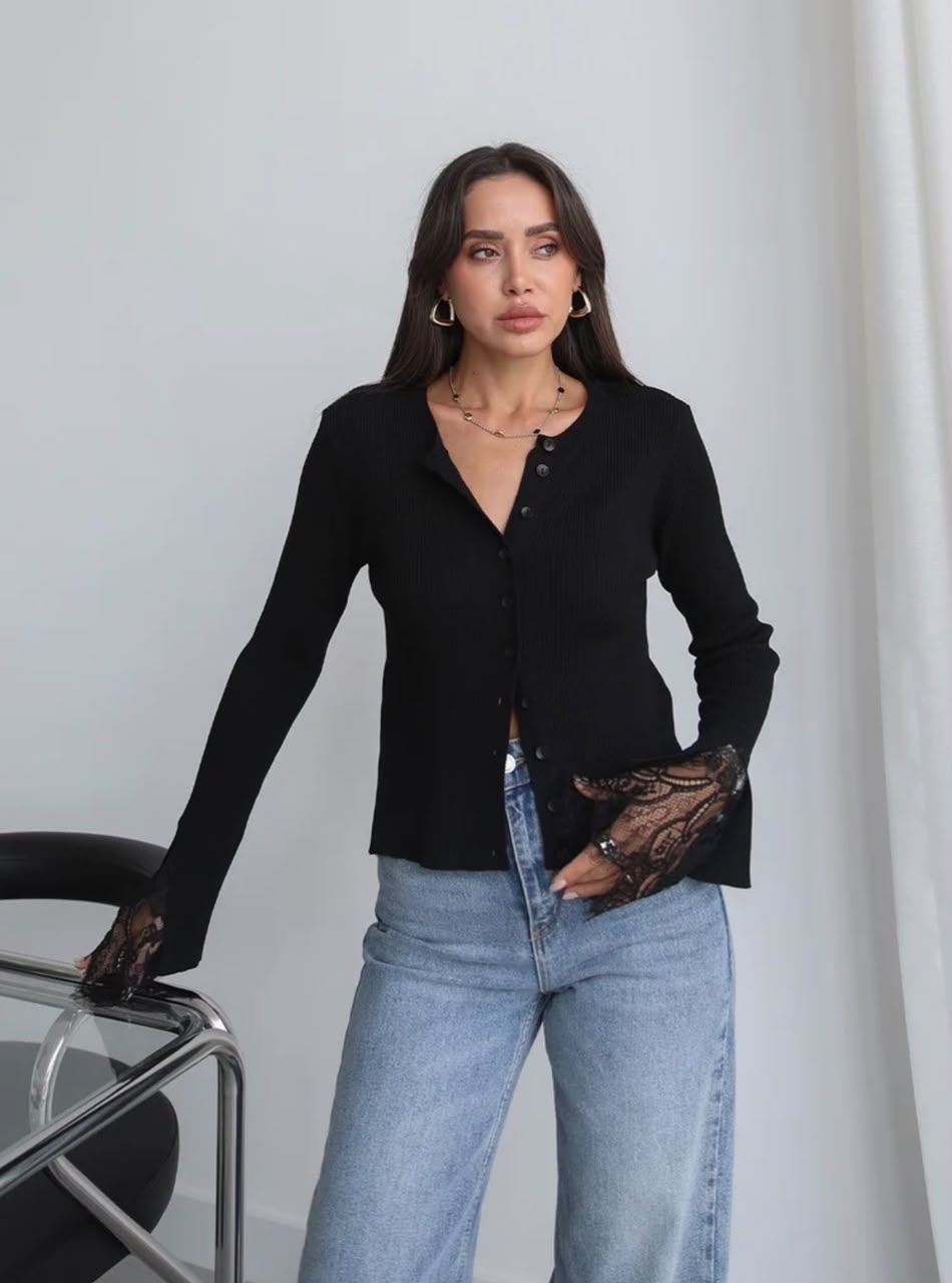 da4d9795-29f6-4b47-bd51-74d85024f820 Black Button Up Cardigan With Lace Cuffs - Image 1