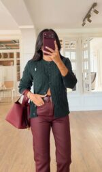 Cable Knit Green Cardigan for Women