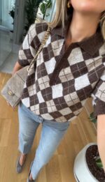 Brown Argyle Knit Polo Top - Image 2