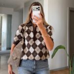 Brown Argyle Knit Polo Top