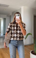 Brown Argyle Knit Polo Top