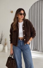 Brown Fuzzy Button-Up Hooded Jacket - Image 2