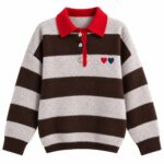Striped Brown and Grey Knit Polo Sweater
