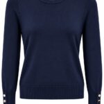 Navy Blue Button Cuff Knit Sweater
