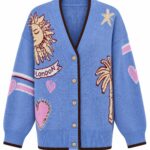 Blue Graphic Knit Cardigan with Sun and Hearts